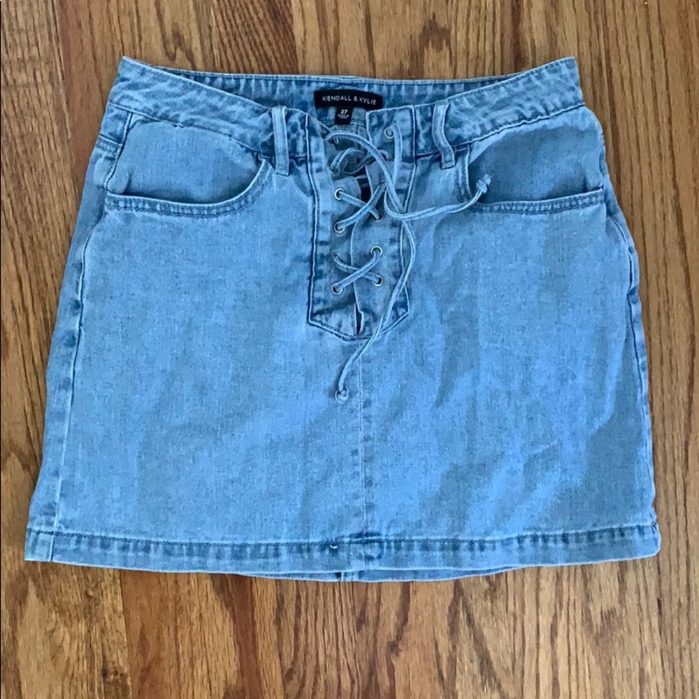 Light Denim Lace Up Mini Skirt
